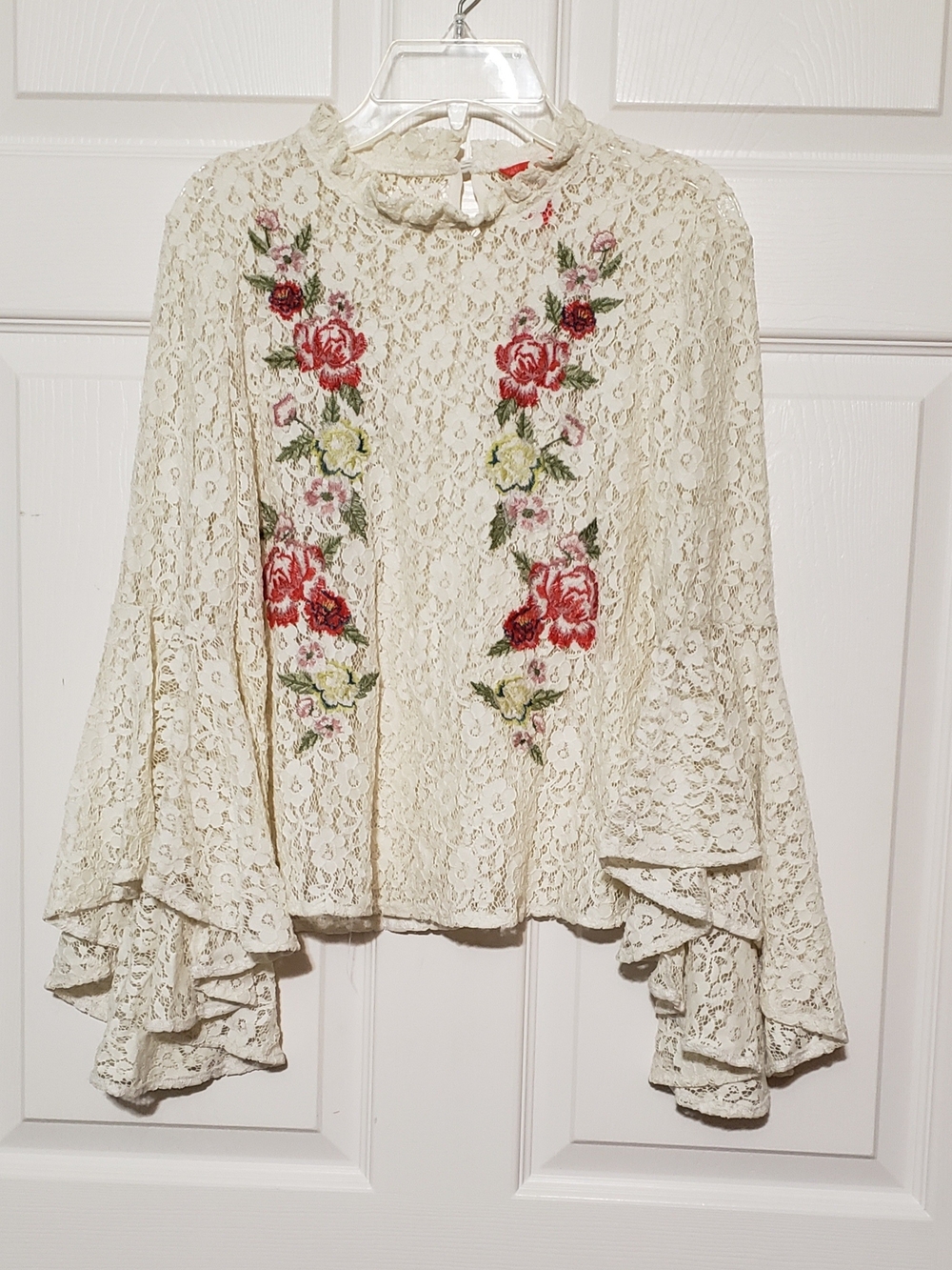 Chelsea & Violet Cream Lace Blouse with Red Floral Embroidery